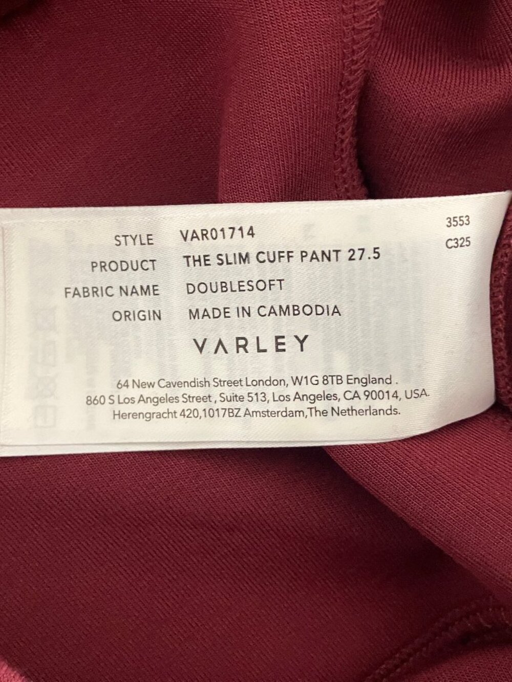 Varley Slim Cuff Pants 27.5 DoubleSoft Maroon Size L NEW - Picture 6 of 12
